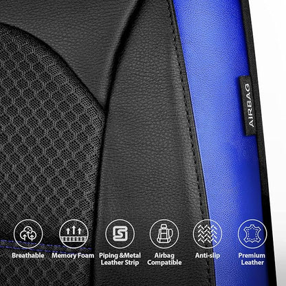 CAR PASS Memory Foam Leather Seat Covers,Air Cool Mesh Thick Car Seat Covers Front Seats Blue Leather Seat Covers for Cars Universal for SUVs Trucks,Airbag Compatible Comfort Durable,Black Blue Metal - Image 6