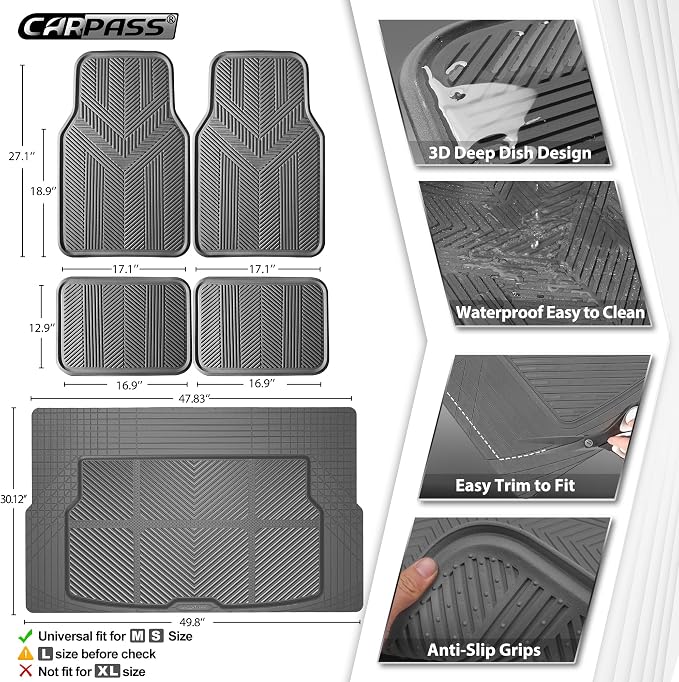 CAR PASS Universal Car Floor Mats & Cargo Liner Full Set, Waterproof Anti-Slip Rubber Trim to Fit Trunk Mats All Weather Protection Fit Car SUV Sedan Coupe Vehicle Automotive 5 Pieces, S-M Size Gray - Image 2