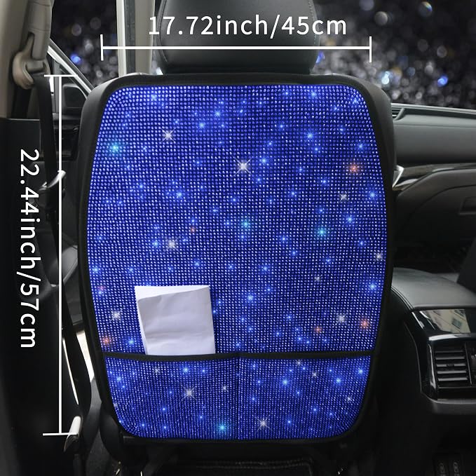 Sparkling Diamond Car Seat Kick Protectors with Storage, Crystal Kick Mats for Car Seats with Bling Rhinestones, Universal Fit Luxury Auto Accessories for Women Girls and Ladies Blue 2pcs - Image 3