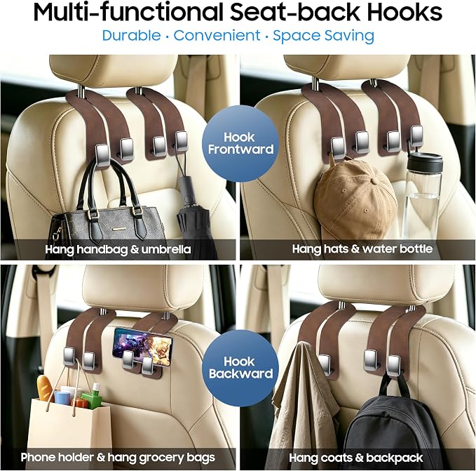 Amooca Car Headrest Hooks 2-Pack Suede Seat Organizer with Metal Core | Universal Fit, Double-hook Design, Backseat Storage for Backpack Umbrella Water Bottle Coat Purses Handbags Groceries, Brown - Image 6