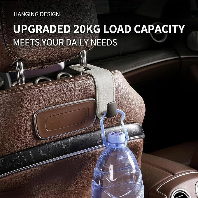 Car Headrest Hook,Premium Leather Back Seat Hanger for Purse & Bags | Solid 40lb metal core,360-degree silent rotation,space-saving hidden folding,durable dual support (2, Grey) - Image 6