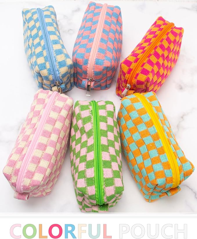 Checkered Makeup Bag for Purse, Small Travel Cosmetic Pouch,Pink Beige | Cute Zipper Makeup Organizer for Women, Travel Essentials, Toiletries, Makeup Brushes, Beauty Accessories&Bridesmaid Gifts - Image 5