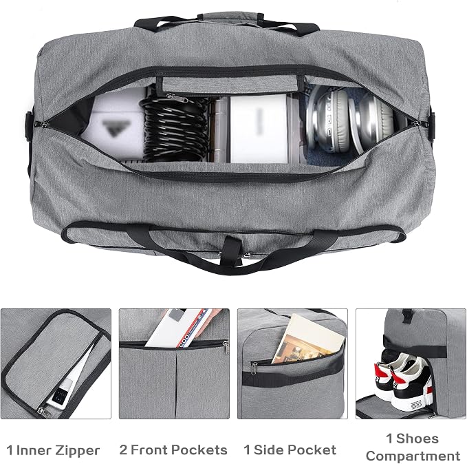 120L Foldable Collapsible Waterproof Travel Duffle Bag for Men and Women | with Shoe Compartment, Extra Large, Gray, 34" Duffel for Weekender Gym Sport, Tear Resistant - Image 3