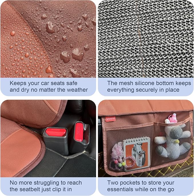Sinvitron Car Seat Protector for Kids, Anti-Slip Thick Padding, Seat Mark Protection, 2 Storage Pockets for Toys & Snacks, Universal Fit for Most Vehicles (Brown, 1 Pack) - Image 5