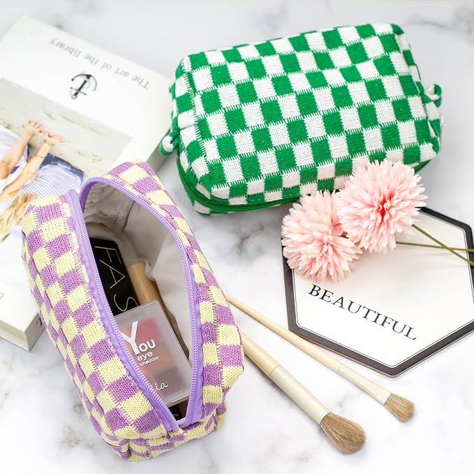 Checkered Makeup Bag for Purse, Small Travel Cosmetic Pouch,Purple,2 Pack | Cute Zipper Makeup Organizer for Women, Travel Essentials, Toiletries, Makeup Brushes, Beauty Accessories&Bridesmaid Gifts - Image 3