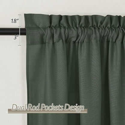 RYB HOME Linen Sheer Curtains 2 Panels for Living Room, Semi Transparent Privacy Drapes with Rod Pocket Farmhouse Style Window Treatments for Bedroom, Hunter Green, 52" W x 95" L - Image 2