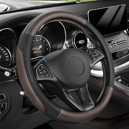 SEG Direct Steering Wheel Cover 14.5-15 inch Car Auto Interior Accessories | Universal Medium Standard Size 37-39cm for Car Truck SUV, Microfiber Leather, Anti-Slip Comfortable Grip, Black Dark Brown by SEGDirect