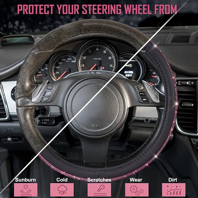 CAR PASS Bling Diamond Leather Steering Wheel Cover, Bling Sparkly Crystal Glitter Rhinestones Universal Fit 14" 1/2-15" Car Wheel Protect for Women Girl Fit Suvs,Vans,Sedans,Cars,Trucks, Pink Black - Image 6