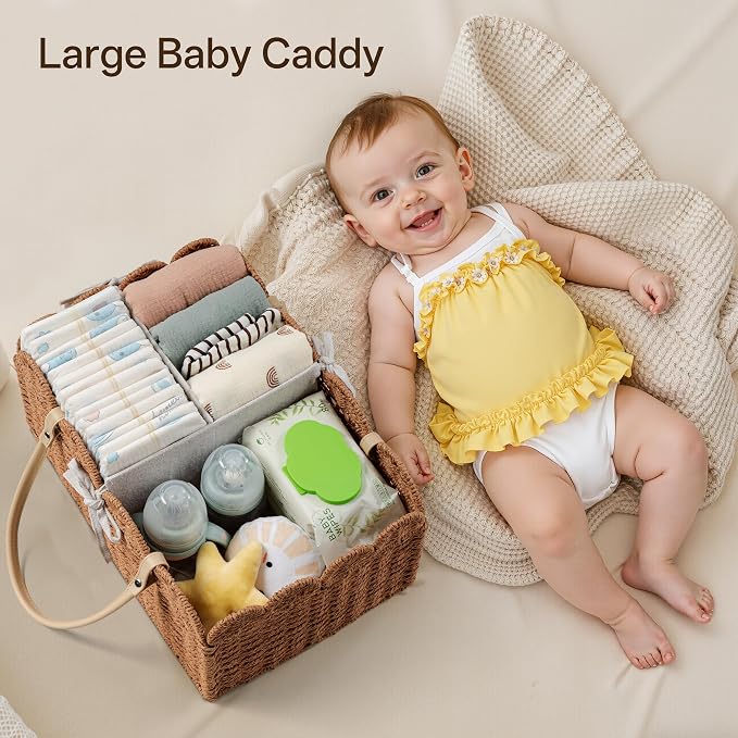 Paper Rope Diaper Caddy, Scalloped Baskets with Removable Divider | Woven Floral Baby Diaper Organizer for Changing Table,Baby Shower Gifts,Portable Car Organizer for Diapers - Image 4