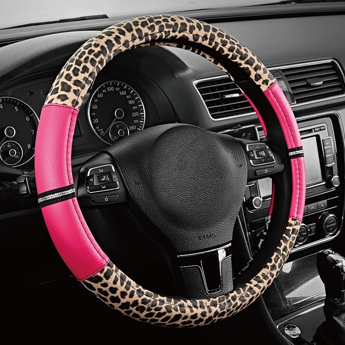 Road Comforts Leopard Steering Wheel Cover for Women, Cute Anti-Slip Microfiber Leather, Universal Fit 14.5-15 Inch Round Steering Wheel - HotPink by RoadComforts