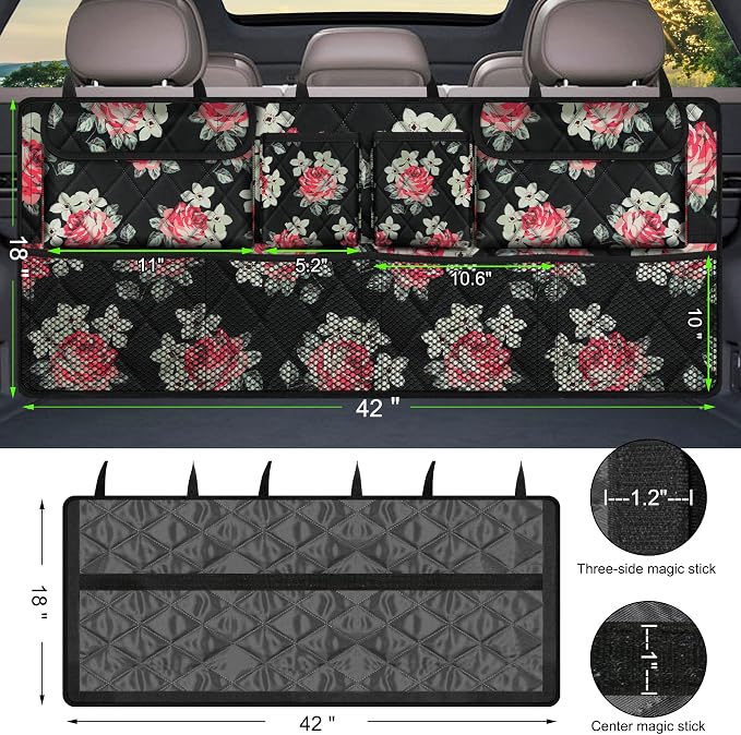 Femuar Car Trunk Organizer,Large Capacity Backseat Trunk Organizer(42"*18"),Collapsible Car Storage Bag with 8 Pocekt,Car Organizer for SUV/MPV/Truck - Floral - Image 3