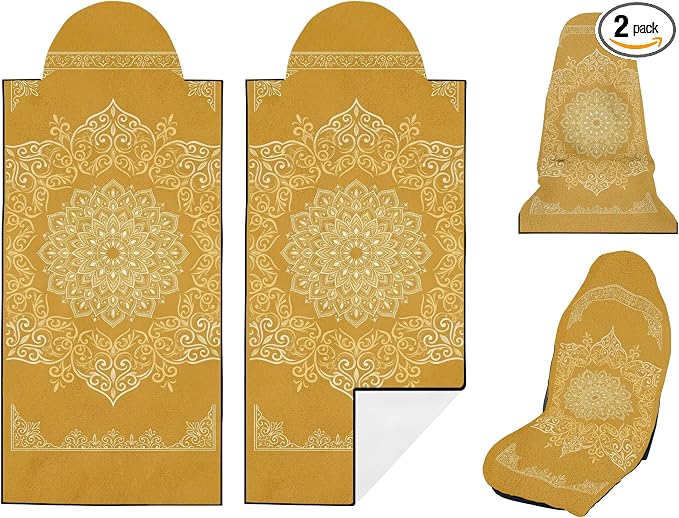 2 Pack Car Seat Towel Covers for Gym, Front Seats, Mandala Gold | Ethnic Sweat Protector for Front Seats Premium Thickened with Elastic Strap Breathable & Quick Dry Machine Washable Running by Semtomn