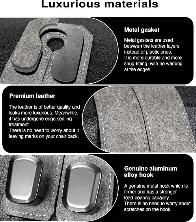 Car Purse Holder Hook, 2PCS Car Hooks for Headrest Luxurious Leather 100% Metal Car Hangers for Seat Multifunctional Car Bag Hook Car Seat Back Storage Hook Accessories (Grey) - Image 2