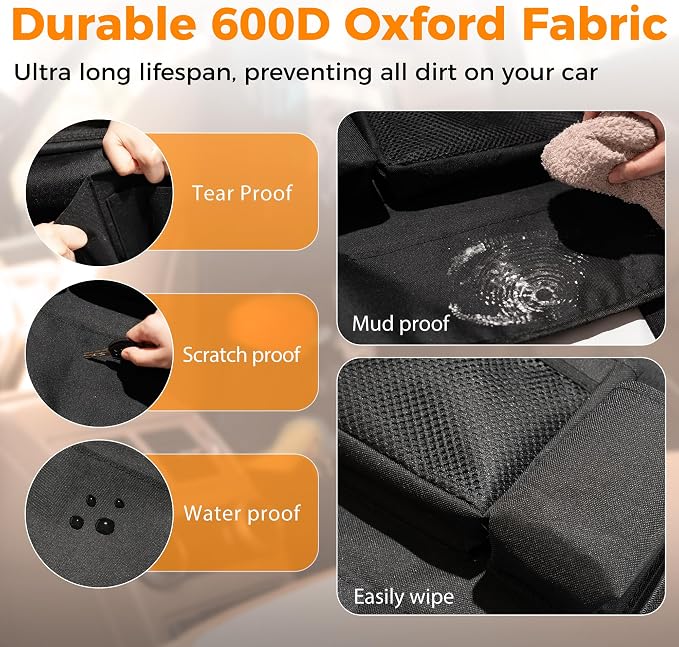 Backseat Car Organizer with Tray, 9 Storage Pockets Back Seat Protector with Foldable Tablet Holder, Waterproof Back of Seat Kick Mats for Kids Adult, Road Trip Essentials Travel 2 Pack, Black - Image 7