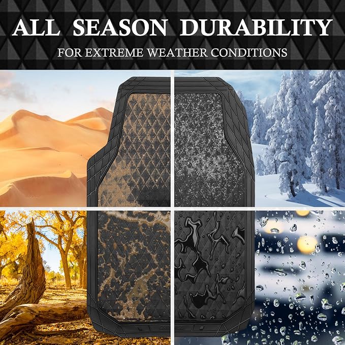 CAR PASS Black Rubber Car Mats, All-Weather Floor Mats Full Set Durable Anti-Slip 3D Rhombus Waterproof Automotive Pad Trim to Fit Liner Universal Fit for Sedan SUV Truck Van, 4 Pcs All Black Rubber - Image 6