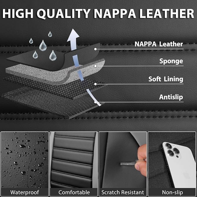 CAR PASS Nappa Leather Car Seat Covers Full Set, Luxury Seat Protector for Cars, Waterproof Anti-Slip Seat Cushion Armrest Compatible Airbag Universal for Sedan SUV Pick-up Truck Auto, Black Gray - Image 5