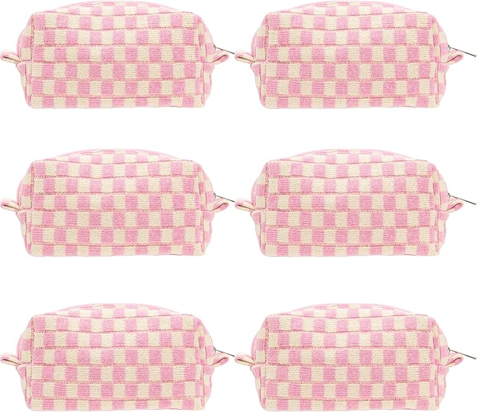 Checkered Makeup Bag for Purse, Small Cosmetic Pouch,Pink Beige,6 Pack | Cute Zipper Makeup Organizer for Women, Travel Essentials, Toiletries, Makeup Brushes, Beauty Accessories&Bridesmaid Gifts by PAZIMIIK