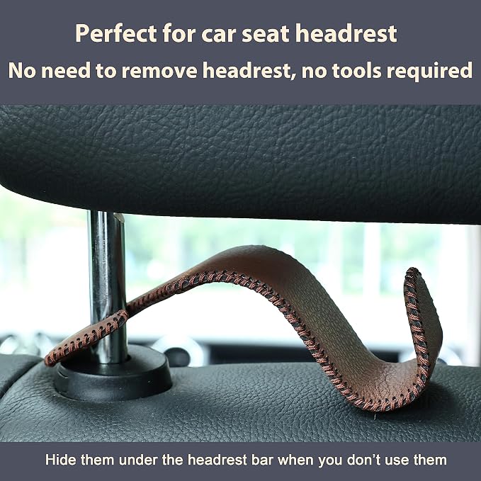 4-Pack Car Headrest Hooks Holds 55lbs Seat Storage Organizer for Bags | Fiber Leather, Durable Metal, Car Hanger for Backpack Umbrella Water Bottle Coat Purses Handbags Groceries, Brown - Image 6