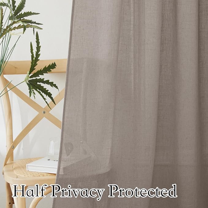 RYB HOME Privacy Sheer Curtains - Dual Rod Pocket Semi Sheer Drapes for Living Room, Linen Semi-Translucent Curtains for Bedroom, Birch Brown, 52 Wide x 63 inches Long, 1 Pair - Image 5