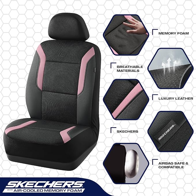 Skechers Memory Foam Car Seat Covers, Air Cool Mesh Thick Seat Covers, Car Seat Covers Front Seats Airbag Compatible, Automotive Comfort Protection for Most Cars, Vans,Trucks, SUVs,Pink - Image 3