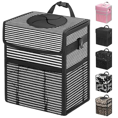 Capolo Car Trash Can with Lid, Leakproof Car Garbage Can Car Trash Bag | Waterproof, Trash Can for Car, 3 Mesh Pockets, Mini Hanging Vehicle Car Trash Bin, for Back/Front Seat (Stripe,2.5 Gal) by Capolo