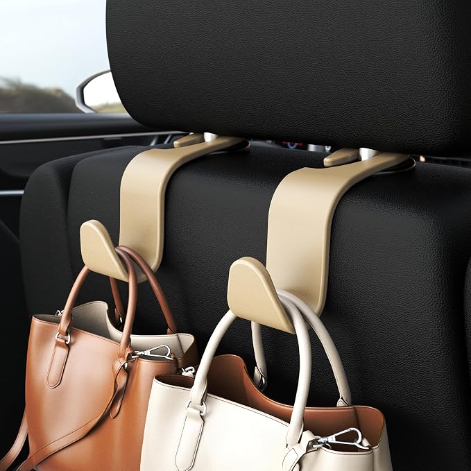 4-Pack Car Headrest Hooks Holds 55lbs Seat Storage Organizer for Bags | Durable ABS Material, 360° Rotating, Car Hanger for Backpack Umbrella Water Bottle Coat Purses Handbags Groceries, Beige - Image 2