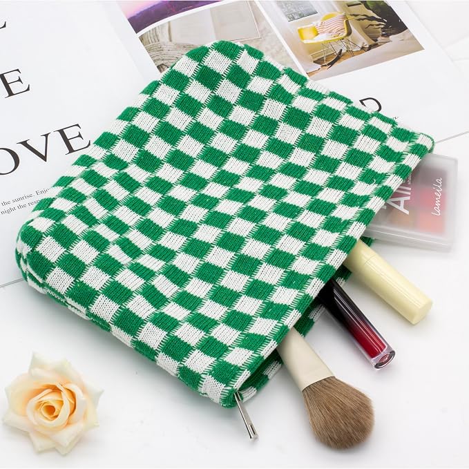 PAZIMIIK Checkered Makeup Bag for Purse, Small Flat Cosmetic Pouch,Green | Cute Zipper Makeup Organizer for Women, Travel Essentials, Toiletries, Makeup Brushes, Beauty Accessories&Bridesmaid Gifts - Image 3