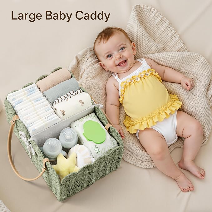 Angelhood Paper Rope Diaper Caddy, Scalloped Baskets with Removable Divider | Woven Floral Baby Diaper Organizer for Changing Table,Baby Shower Gifts,Portable Car Organizer for Diapers - Image 4