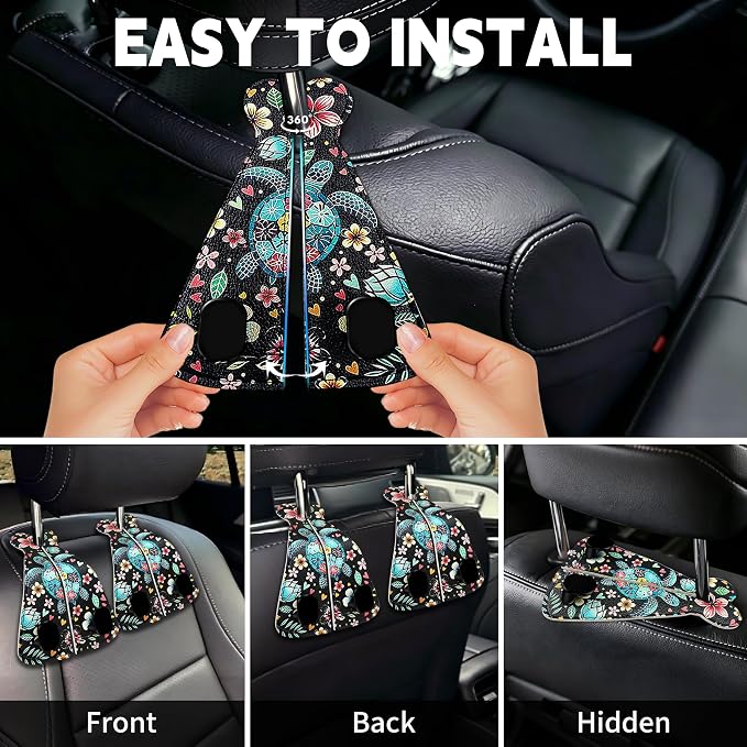 XIANGYUAN 2PCS PU Leather Car Seat Back Storage Headrest Hook,Purse Holder Bags Hanger,Women Car Accessories Organization(Green sea Turtle) - Image 4