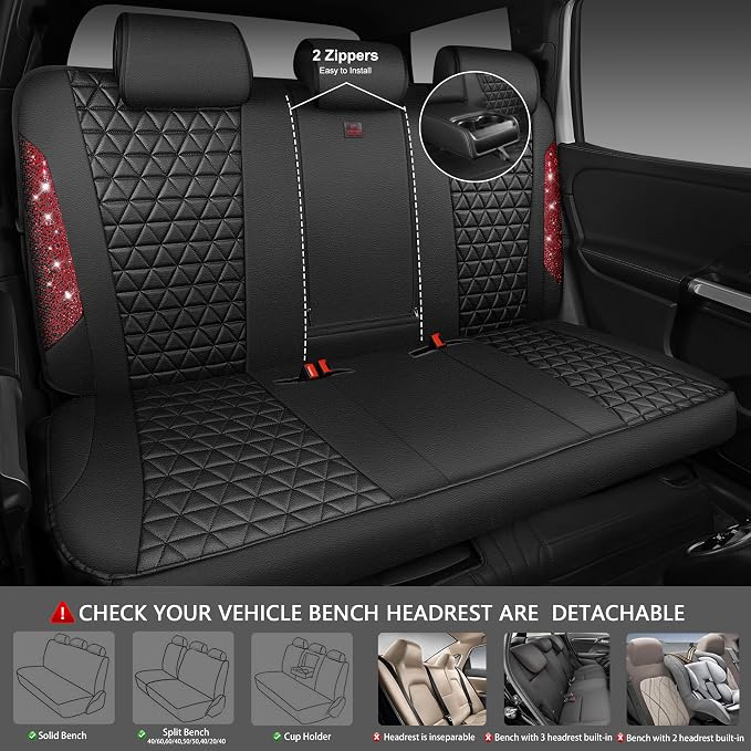 CAR PASS Bling Diamond Black Red Leather Car Seat Covers Full Set, Waterproof Shining Glitter Sparkly Crystal Universal Armrest Fit Automotive Truck SUV Women Girl, Rhinestone Interior Cover Set, Red - Image 4