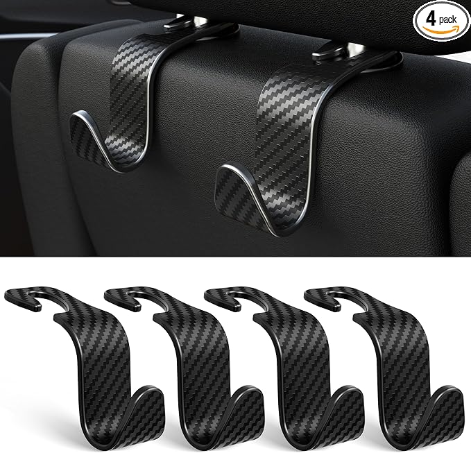 4-Pack Car Headrest Hooks Holds 55lbs Seat Storage Organizer for Bags | Durable ABS Material, 360° Rotating, Car Hanger for Backpack Umbrella Water Bottle Coat Handbags Groceries, Checkered Black by Amooca