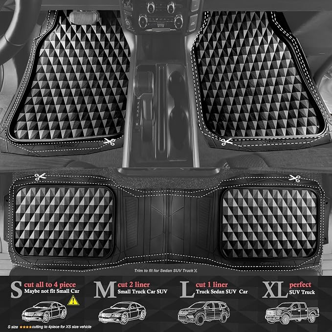 CAR PASS Heavy Duty Rubber Black Car Floor Mats & Cargo Liners, Deep Dish All-Weather Trunk Mats Durable Anti-Slip 3D Rhombus Waterproof Trim to Fit Liner Universal Fit Auto,Sedan,SUV,Truck, Black - Image 2