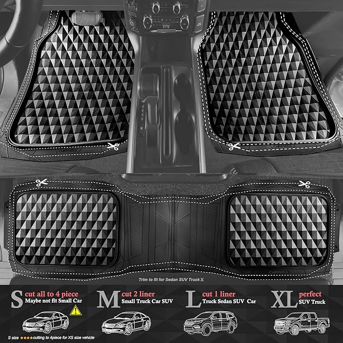 CAR PASS Heavy Duty Rubber Car Mats, Deep Dish All-Weather Floor Mat for Car Full Set Durable Anti-Slip 3D Rhombus Waterproof Trim to Fit Liner Universal Fit Automotive,Sedan,SUV,Truck, 3 Piece Black - Image 2