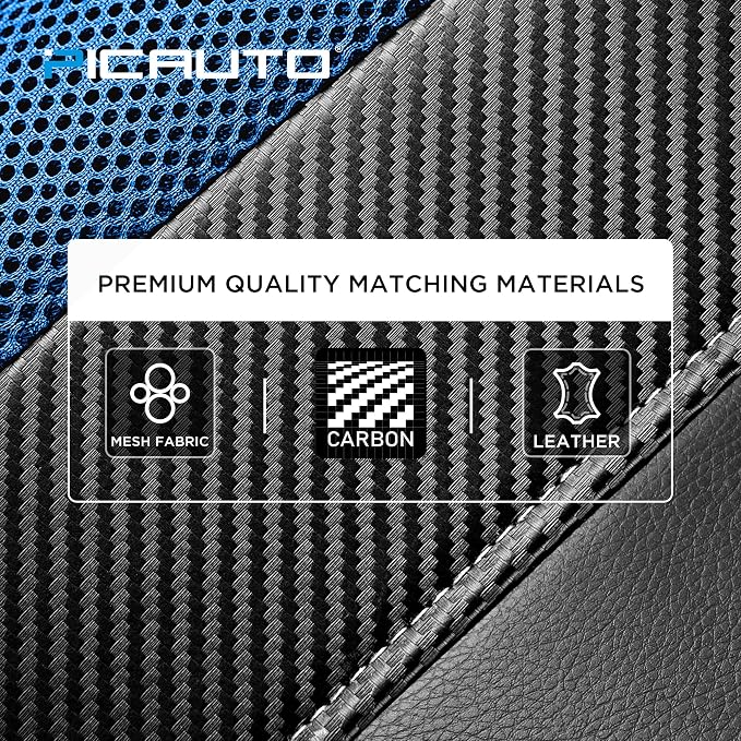 PIC AUTO Leather Car Seat Covers, Sports Carbon Fiber & Mesh Design, High-Back Two Front Set, Waterproof Automotive Seat Covers, Airbag Compatible, Universal Fit for Most Cars (Black & Blue) - Image 4