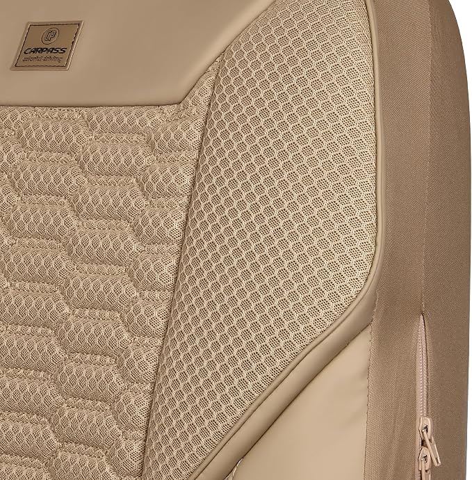CAR PASS 3D Foam Mesh Leather Car Seat Covers Full Set, Tan Breathable Mesh Faux Leather Seat Covers for Car, Universal Fit for SUV Truck Sedan Automotive, Armrest Airbag Compatible, All Beige - Image 9