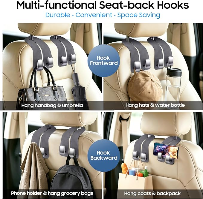 Amooca Car Headrest Hooks 4-Pack Suede Seat Organizer with Metal Core | Universal Fit, Double-hook Design, Backseat Storage for Backpack Umbrella Water Bottle Coat Purses Handbags Groceries, Gray - Image 4