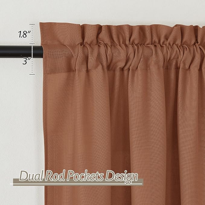 RYB HOME Linen Sheer Curtains 2 Panels for Living Room, Semi Transparent Privacy Drapes with Rod Pocket Farmhouse Style Window Treatments for Bedroom, Brunt Orange, 52" W x 95" L - Image 2