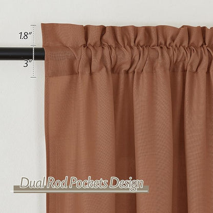 RYB HOME Linen Sheer Curtains 2 Panels for Living Room, Semi Transparent Privacy Drapes with Rod Pocket Farmhouse Style Window Treatments for Bedroom, Brunt Orange, 52" W x 95" L - Image 2