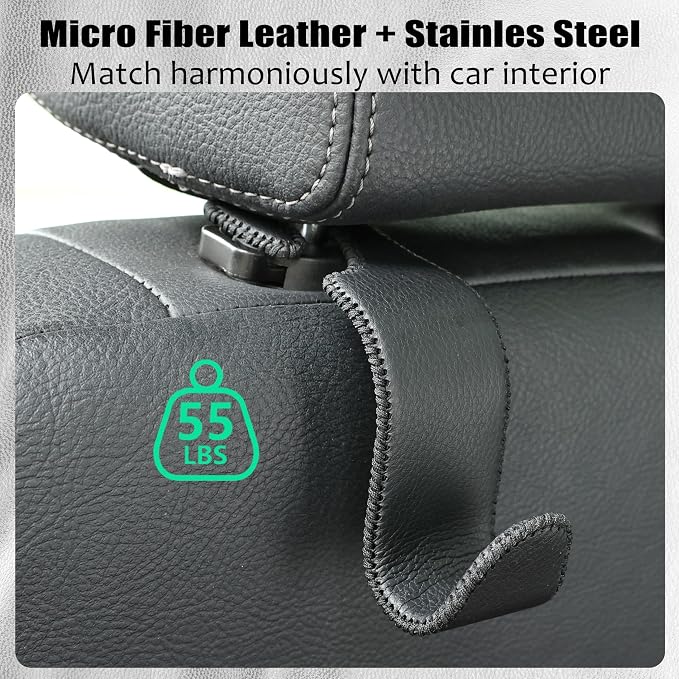 Car Seat Headrest Hook 55lb Heavy Duty Metal Hanger with Leather for Bags | Universal Fit car SUV Truck, Premium Microfiber Leather, Metal Core, Hang Purses Groceries Handbag Backpack, 4 Pack Black - Image 5
