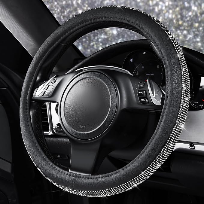 CAR PASS Diamond Black Leather Steering Wheel Cover, with Bling Crystal Rhinestones Universal Fit 14" 1/2-15" Crystal Glitter for Women Sparkle Girl Fit Suvs,Vans,Sedans,Cars,Trucks, White Diamond - Image 4