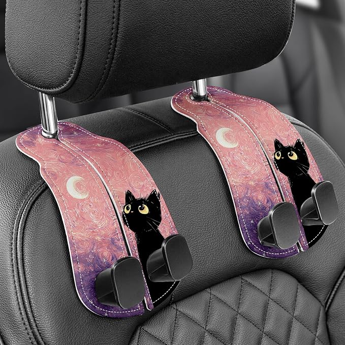 WOCOCN Purse Holder for Car, 2 Pack Heavy Duty Purse Hanger for Car | PU Leather Car Seat Hooks for Purses and Bags, Cute Floral Headrest Organizer for Handbags & Backpacks,Pink Starry Sky Cat by WOCOCN