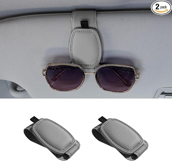 2 Pack Magnetic Leather Sunglasses Holder for Car，Car Visor Accessories and Ticket Card Clip，Fit Different Size Eyeglasses (Grey) by Triforde