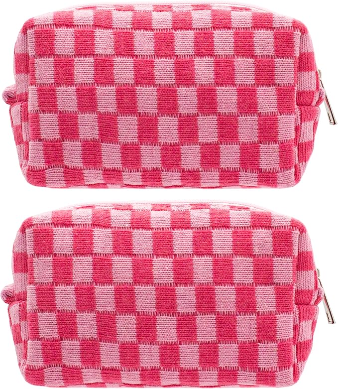 Checkered Makeup Bag for Purse, Small Travel Cosmetic Pouch,Hotpink,2 Pack | Cute Zipper Makeup Organizer for Women, Travel Essentials, Toiletries, Makeup Brushes, Beauty Accessories&Bridesmaid Gifts by PAZIMIIK