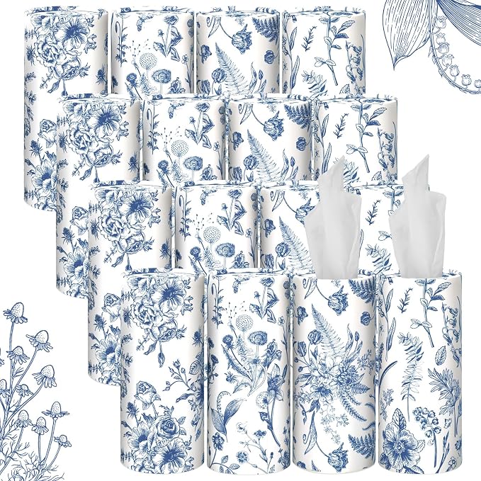 Zonon 16 Pcs Vintage Floral Round Tissues Box Car Holder with Facial Tissue Bulk Blue Flower Travel Tubes for Car with 50 Sheets Christmas Cylinder Face Towel Fit for Cup Holder Round Container by Zonon