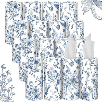 Zonon 16 Pcs Vintage Floral Round Tissues Box Car Holder with Facial Tissue Bulk Blue Flower Travel Tubes for Car with 50 Sheets Christmas Cylinder Face Towel Fit for Cup Holder Round Container by Zonon