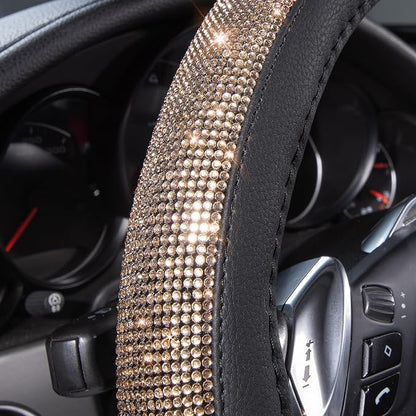 CAR PASS Bling Champagne Diamond Steering Wheel Cover, Black Leather Universal Fit 14.5-15inch Glitter Rhinestones for Women Sparkle Crystal Girly Shining for SUV,Vans,Sedan,Car,Truck, Black Champagne - Image 2