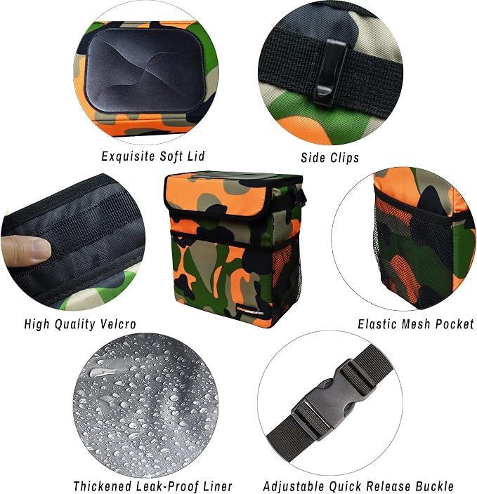SIBOFUEGO Cute Car Trash Can with Lid – Multipurpose Collapsible Trash Bin for Car, Leak-Proof Organizer, Waterproof Garbage Can with Storage Pockets & Adjustable Straps, 2 Gallons (Camo Orange) - Image 5