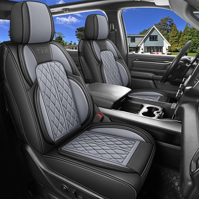 Car Seat Cover Custom Fit for Ford F150 2009-2026 Faux Leather Seat Cover Set Compatible with Regular Cab Super Cab Super Crew Pickup Truck Cushions (Black & Grey, Full Set) by DuDuWang