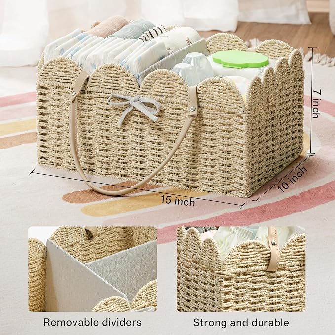 Angelhood Paper Rope Diaper Caddy, Scalloped Baskets with Removable Divider | Woven Floral Baby Diaper Organizer for Changing Table,Baby Shower Gifts,Portable Car Organizer for Diapers - Image 2