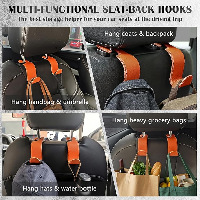 Car Seat Headrest Hook 55lb Heavy Duty Metal Hanger with Leather for Bags | Universal Fit car SUV Truck, Premium Microfiber Leather, Metal Core, Hang Purses Groceries Handbag Backpack, 2 Pack Orange - Image 2